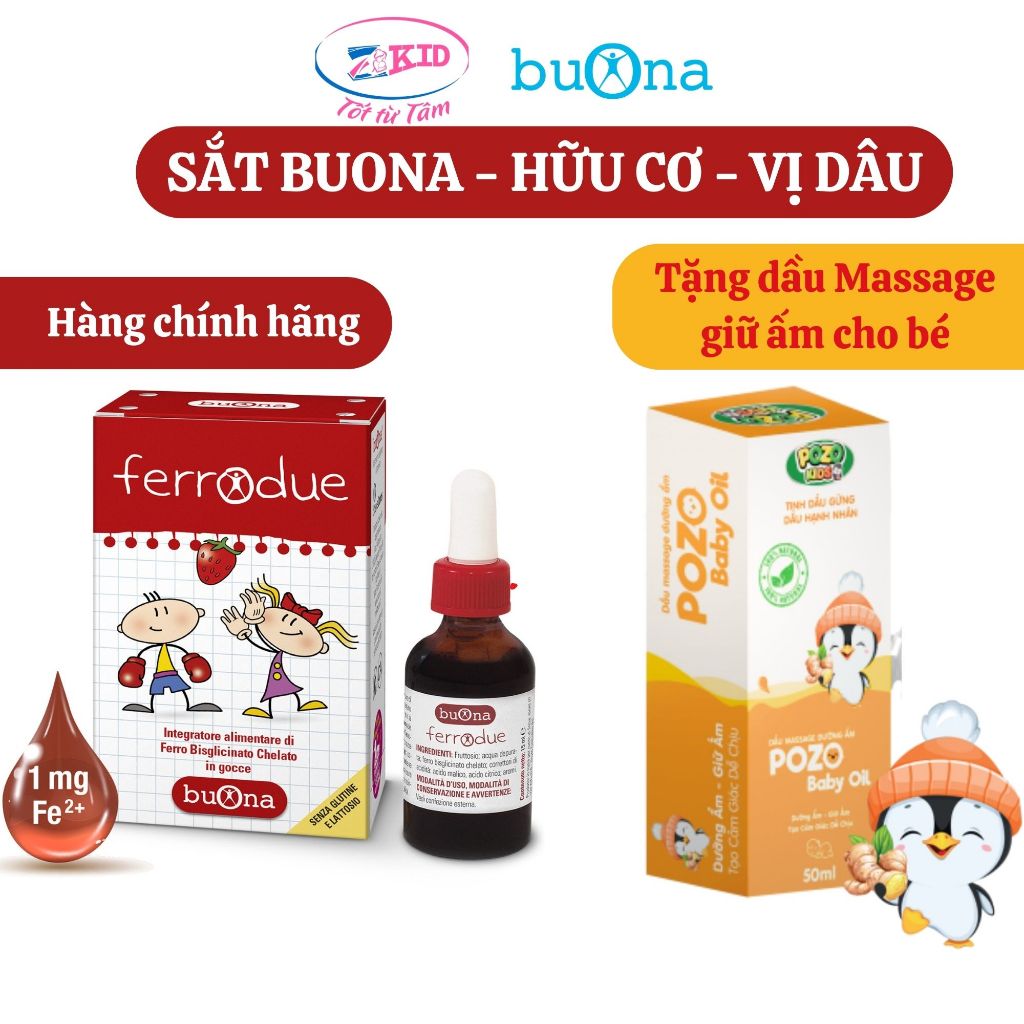 Buona Ferrodue - sắt hữu cơ nhỏ giọt cho bé vị dâu, dễ hấp thu - Lọ 15ml - Hàng chính hãng