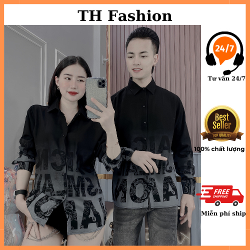 áo sơ mi cặp đôi tay dài in chữ vạt áo 2 màu đen và trắng chất đũi mềm mịn