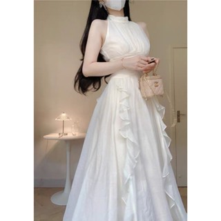 Đầm voan cổ yếm dự tiệc , váy voan bèo viền dáng dài màu kem  tôn da phong cách thanh lịch V279[có mút]