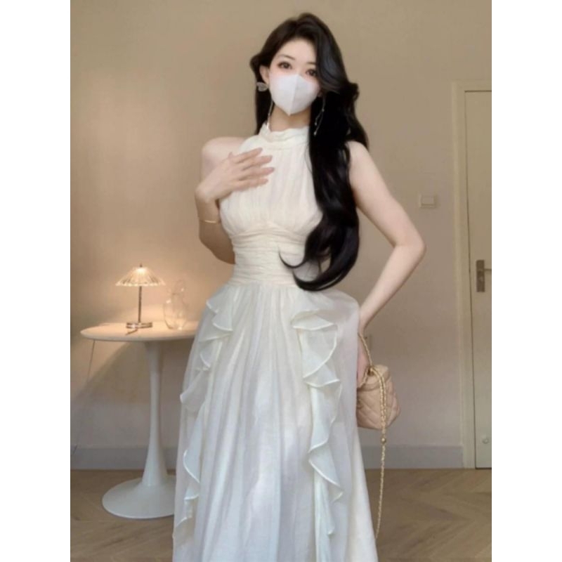 Đầm voan cổ yếm dự tiệc , váy voan bèo viền dáng dài màu kem  tôn da phong cách thanh lịch V279[có mút] | BigBuy360 - bigbuy360.vn