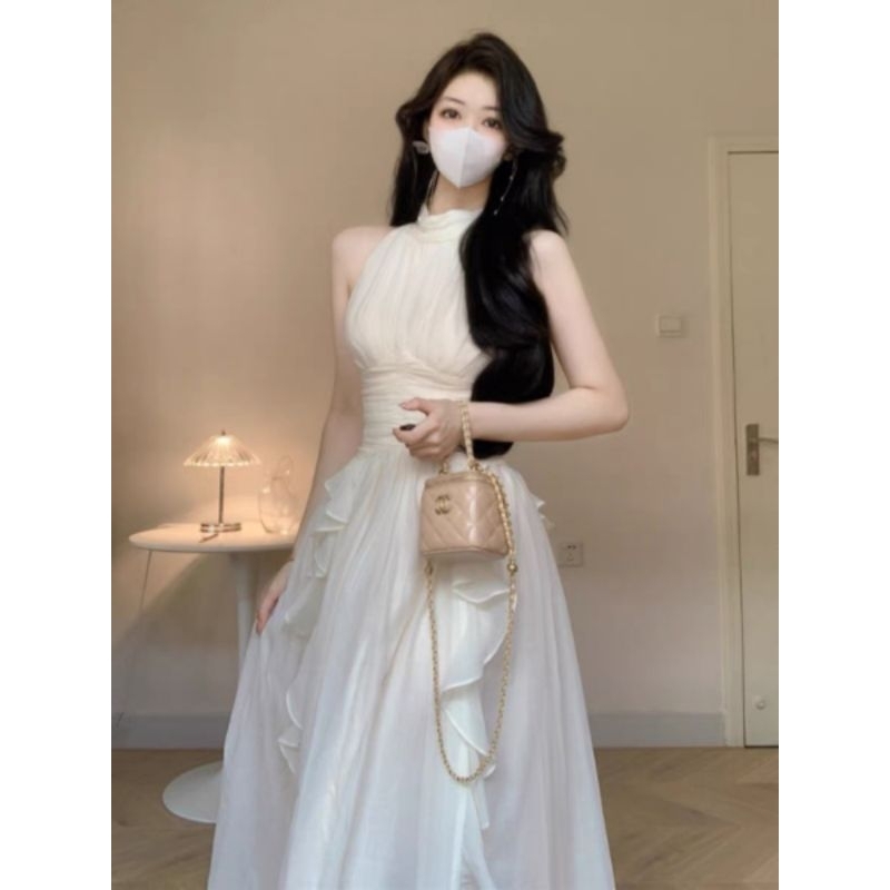 Đầm voan cổ yếm dự tiệc , váy voan bèo viền dáng dài màu kem  tôn da phong cách thanh lịch V279[có mút] | BigBuy360 - bigbuy360.vn