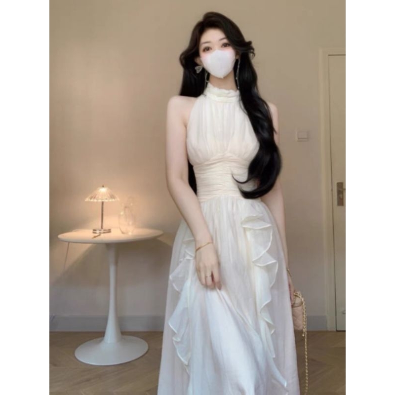 Đầm voan cổ yếm dự tiệc , váy voan bèo viền dáng dài màu kem  tôn da phong cách thanh lịch V279[có mút] | BigBuy360 - bigbuy360.vn