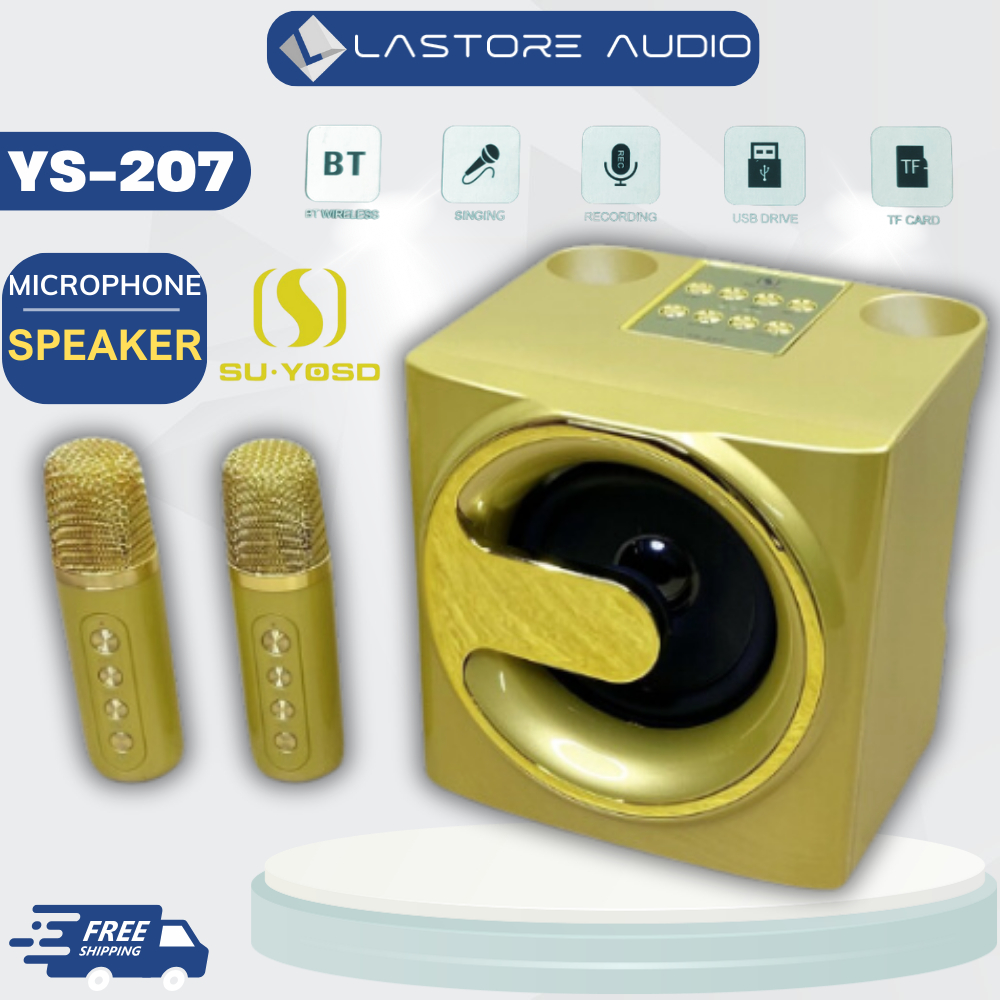 Loa Bluetooth YS 207 Cao Cấp Kèm 2 Mic Không Dây / Loa Hát Karaoke Mini Đầy Đủ Tính Năng, Có Hốc Để Mic