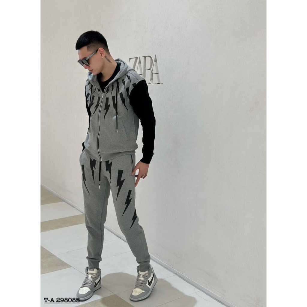 Bộ khoác hoodie zip Neil Barrett hoạ tiết tia sét trắng siêu đẹp-Bộ nỉ nam có mũ hình tia sét cực chất