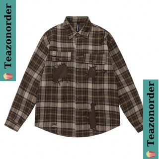 Áo flannel nâu sọc kẻ rách nhẹ basic phong cách đường phố dễ phối đồ unisex cho nam và nữ.