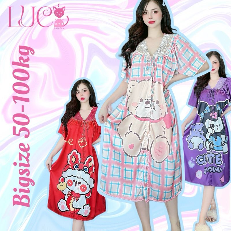 (BIGSIZE 50-100KG) Đầm ngủ mặc nhà LỤA LATIN cổ V ren tay ngắn phom dài ngực dễ thương
