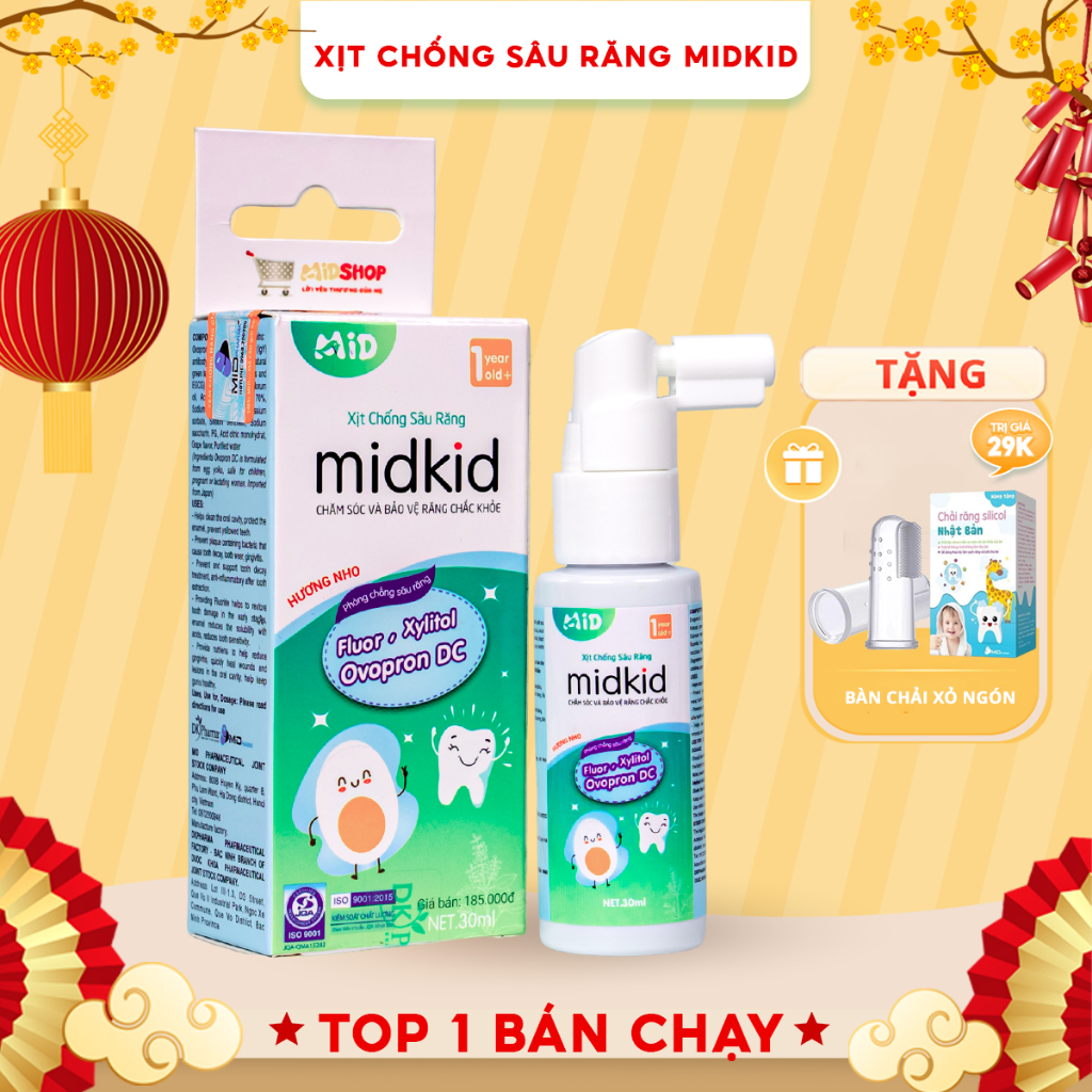 Xịt chống sâu răng Midkid cho bé từ 1 tuổi giúp làm sạch mảng bám ố vàng, bảo vệ men răng, vị nho ngọt 30ml nuốt an toàn