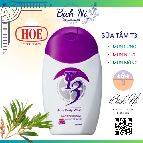Sữa tắm giảm mụn lưng, mụn ngực, mụn mông, thâm mụn nang lông T3 Acne Body Wash 200ml.