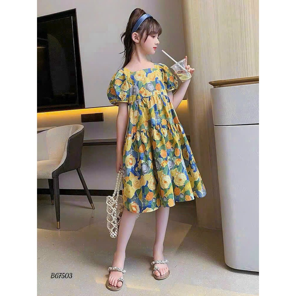 Đầm Hoa Bé Gái (10 kg - 37 kg) Váy Cho Bé Gái Dáng Xòe Dài Chất Lụa Mango Cao Cấp DBG002 JJumia Kids