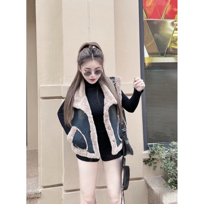 Áo khoác bò nữ crop gile lót lông mẫu mới #0223