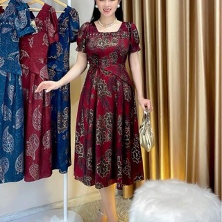 Đầm trung niên đi tiệc jeans hoa cổ vuông đính ngọc tay phồng hoa eo size lớn 70kg, Đầm trung niên cho mẹ đi tiệc