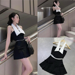 Set chân váy đính nơ túi xẻ trước áo cổ yếm trắng phối viền - Chou Boutique