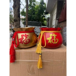 Chậu hoa bằng đồng chữ Phúc màu vàng, đỏ
