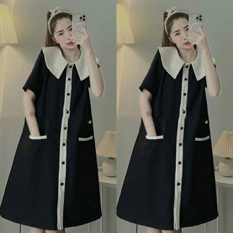 Váy bầu, đầm bầu xinh cộc tay công sở, dáng suông dài qua gối có túi M56