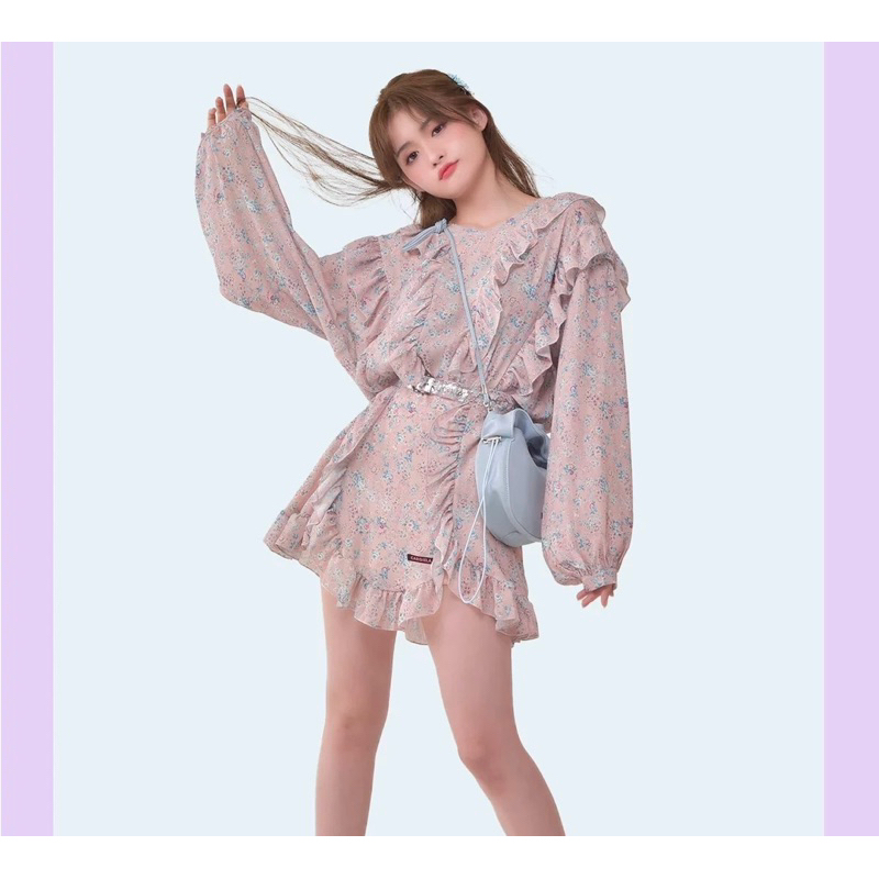 Đầm voan hoa nhí dài tay kiểu Pháp cổ điển PinkLink