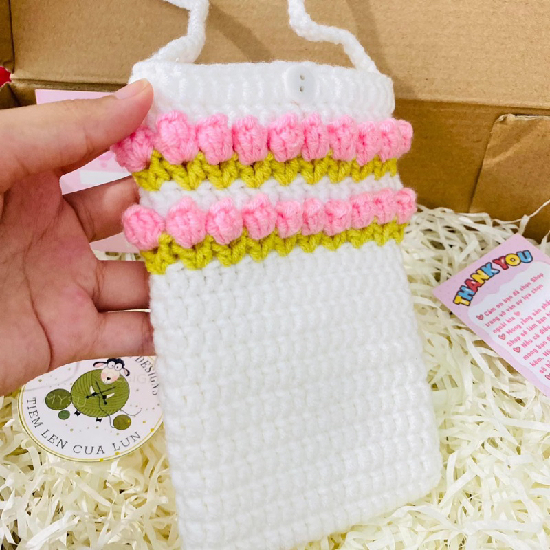 Túi len hoa tuilip vintage đụng điện thoại bằng len/ túi handmade