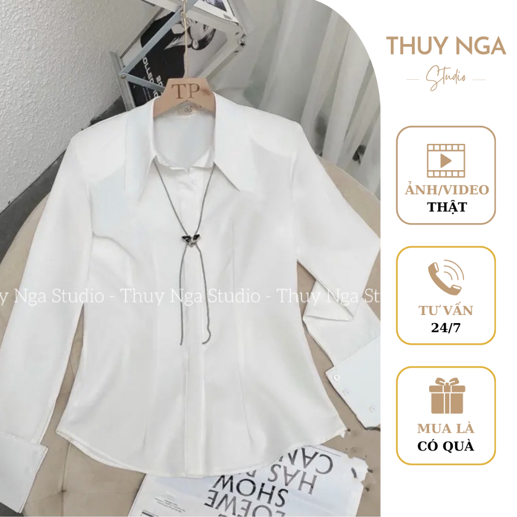 Áo Sơ Mi Trắng Nữ 𝗧𝗛𝗨𝗬 𝗡𝗚𝗔 𝗦𝗧𝗨𝗗𝗜𝗢 Thiết Kế Basic Form Ôm Tôn Dáng