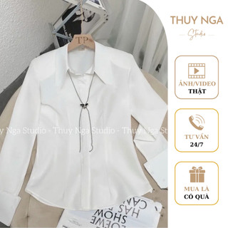 Áo sơ mi trắng nữ 𝗧𝗛𝗨𝗬 𝗡𝗚𝗔 𝗦𝗧𝗨𝗗𝗜𝗢 thiết kế basic form ôm tôn dáng