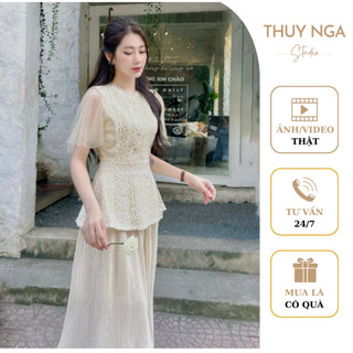 Sét váy áo ren mix chân váy dập ly xinh tiểu thư