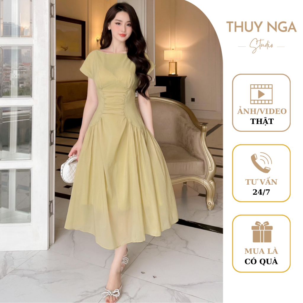 Váy Chiết Eo Che Bụng Xanh Bơ Chất Tằm Nhật