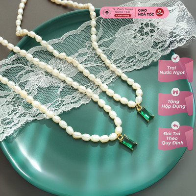 Dây Chuyền Ngọc Trai Hạt Gạo 5ly Mặt Đá Xanh Kiểu Dáng Đơn Giản, Tinh Tế - Ngọc Trai Trường Thịnh