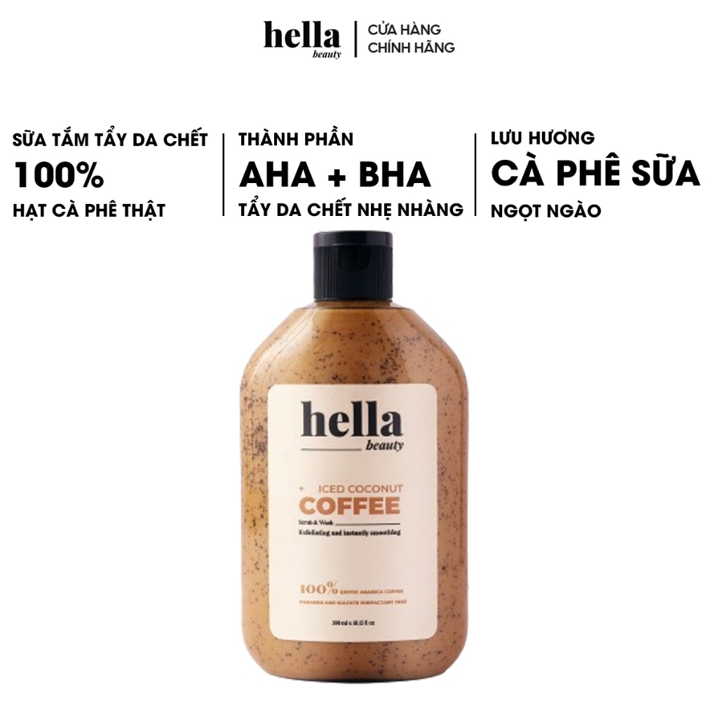 Sữa tắm tẩy tế bào chết hạt cà phê hữu cơ Hella Beauty 300ml