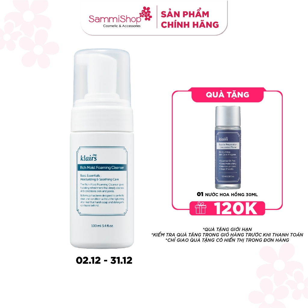 Dear, Klairs Sữa rửa mặt Rich Moist Foaming Cleanser 100ml