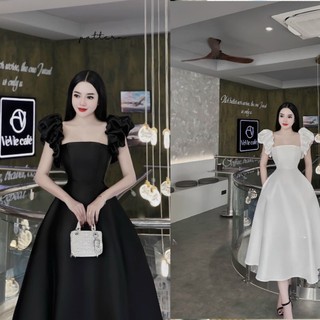 Đầm Dự Tiệc Tay Phồng Dáng Dài Màu Trắng Sang Trọng Có Đệm Ngực, Váy Thiết Kế Sang Chảnh. freesize 52kg 54kg