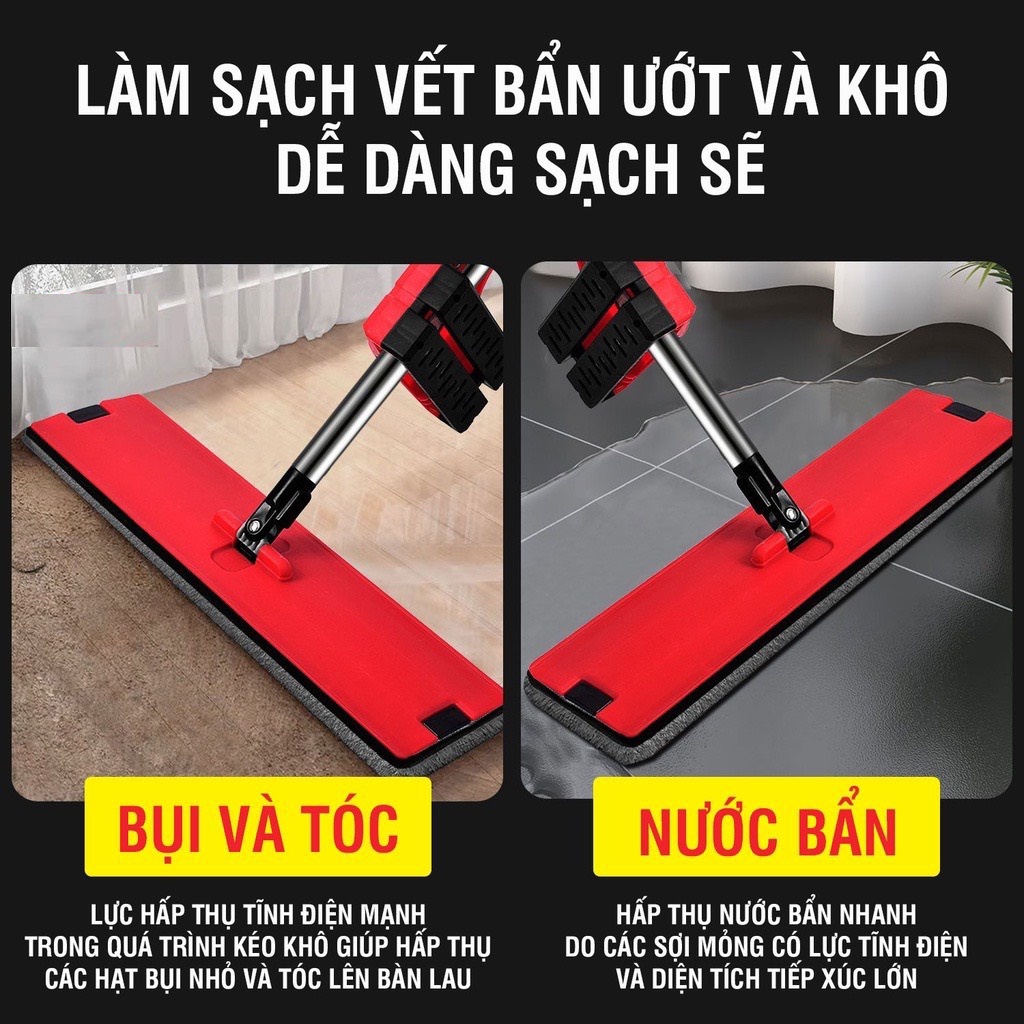 Cây Lau Nhà Tự Vắt Màu Đỏ - Chổi Lau Có Con Lăn Trợ Lực Vắt Nước Nhẹ Nhàng, Cây Lau Nhà Xoay 360 Độ Lau Sạch Khô Nhanh