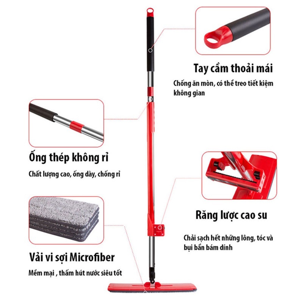 Cây Lau Nhà Tự Vắt Màu Đỏ - Chổi Lau Có Con Lăn Trợ Lực Vắt Nước Nhẹ Nhàng, Cây Lau Nhà Xoay 360 Độ Lau Sạch Khô Nhanh