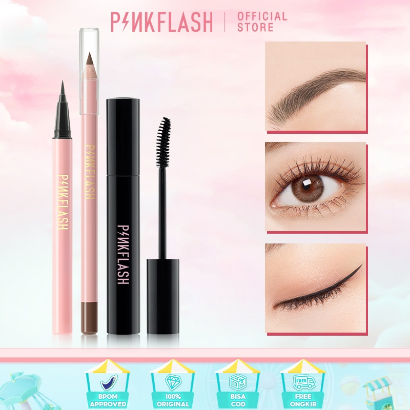 PINKFLASH 3PCS MAKEUP SET Long Lasting Waterproof Mascara Black Eyeliner Eyebrow Pencil