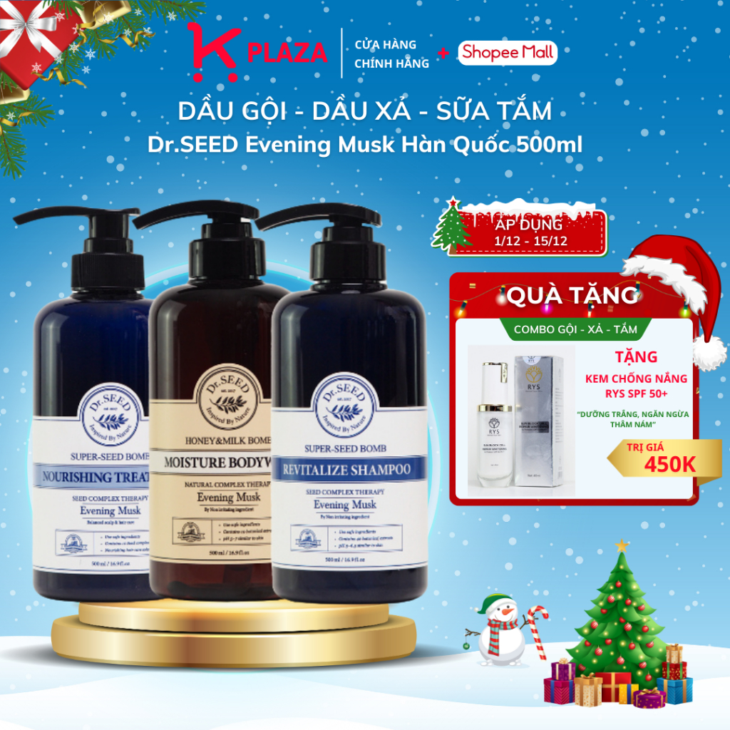 Cặp dầu gội xả, sữa tắm Dr.SEED Evening Musk 500ml Hàn Quốc dưỡng ẩm, mọc tóc giảm gãy rụng, hương thơm nước hoa