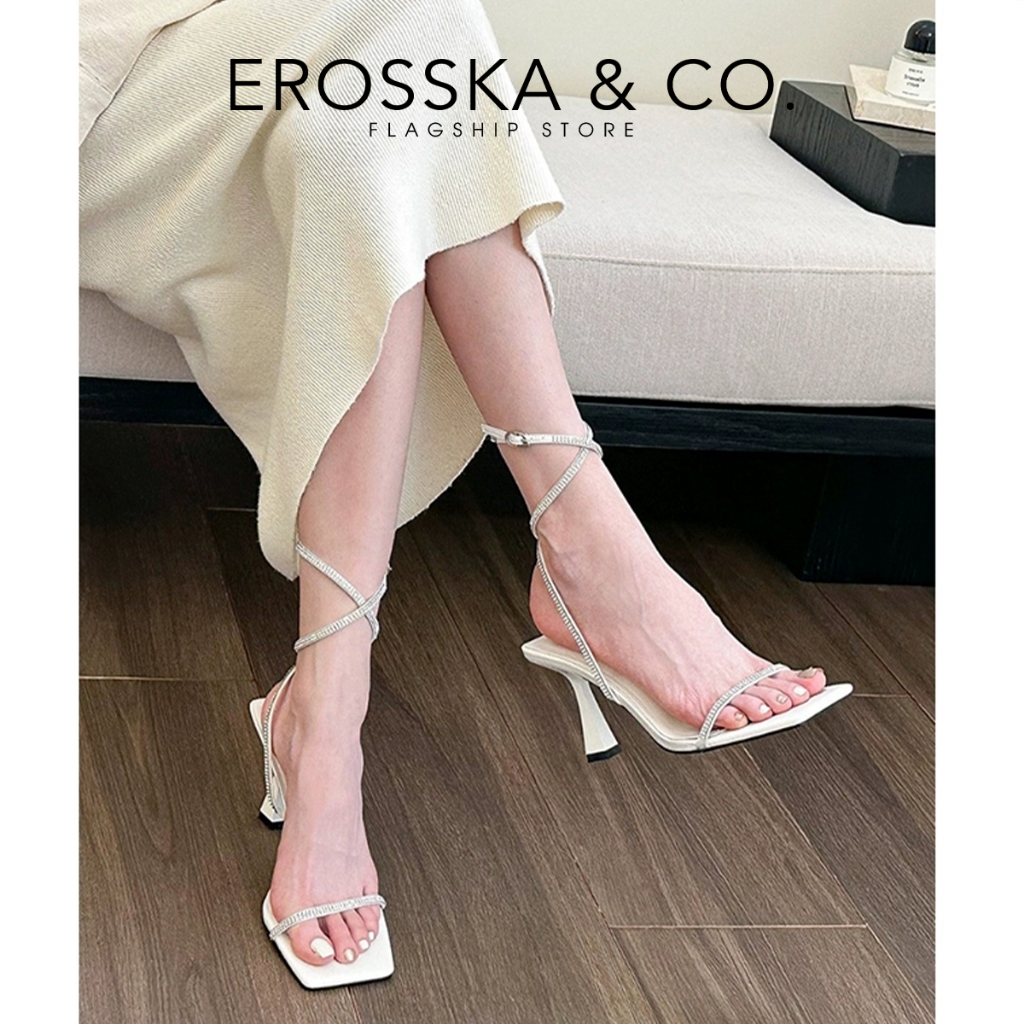 Erosska - Giày sandal cao gót nữ mũi vuông quai đính đá kiểu dáng sang trọng màu đen - EN016