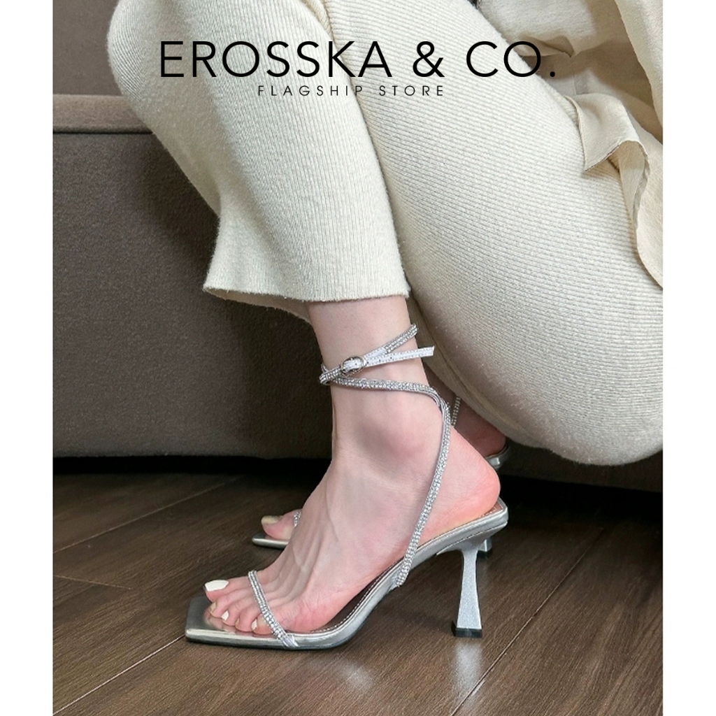 Erosska - Giày sandal cao gót nữ mũi vuông quai đính đá kiểu dáng sang trọng màu đen - EN016
