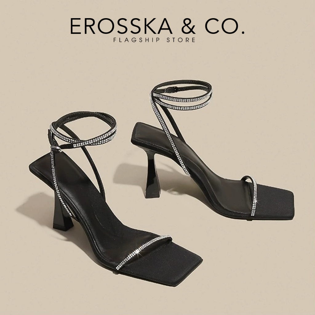 Erosska - Giày sandal cao gót nữ mũi vuông quai đính đá kiểu dáng sang trọng màu đen - EN016
