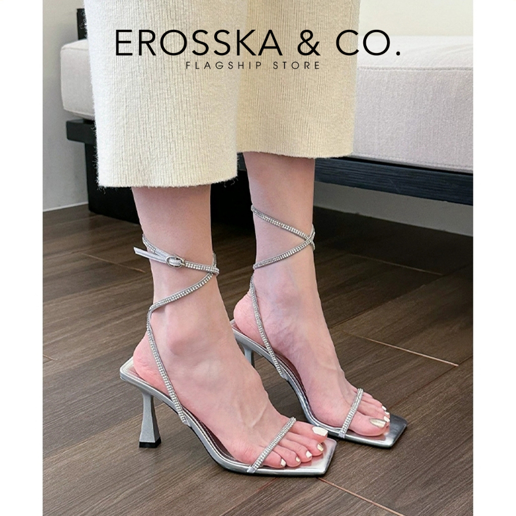 Erosska - Giày sandal cao gót nữ mũi vuông quai đính đá kiểu dáng sang trọng màu đen - EN016