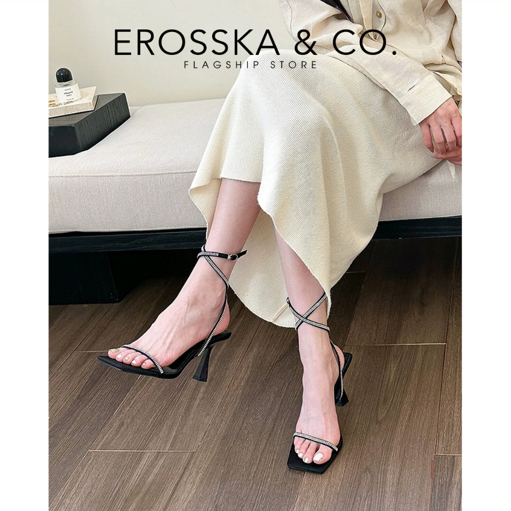 Erosska - Giày sandal cao gót nữ mũi vuông quai đính đá kiểu dáng sang trọng màu đen - EN016