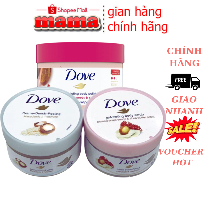 Tẩy Da Chết DOVE Body Scrub Mỹ, Đức Macca Lựu Dỏ Giúp Da Mịn Màng,Tẩy Tế Bào Chết DOVE chính hãng