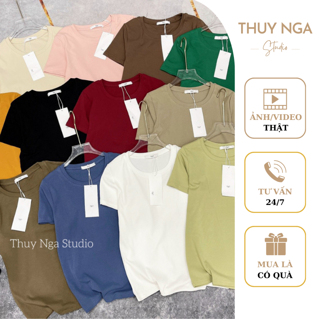Áo Phông Nữ 𝗧𝗛𝗨𝗬 𝗡𝗚𝗔 𝗦𝗧𝗨𝗗𝗜𝗢 Thun Cổ Tròn Tay Ngắn Màu Trơn