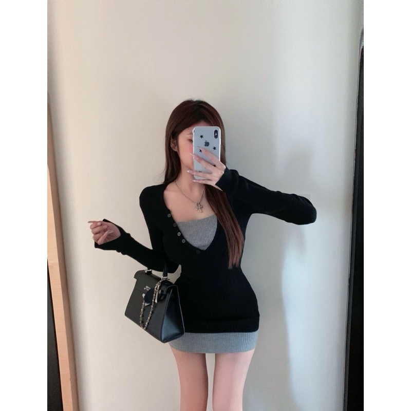 Đầm body đen tay dài phối xám giả set TABISHOP Váy body sexy ôm eo màu sắc basic tôn dáng đi chơi hottrend
