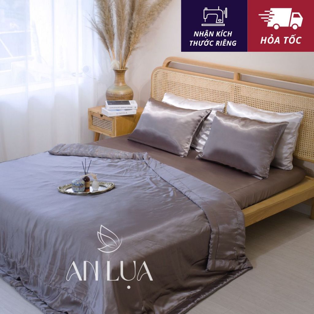Bộ chăn drap 5 món An Lụa - Xám đen - vải lụa mịn mát và thân thiện cho da