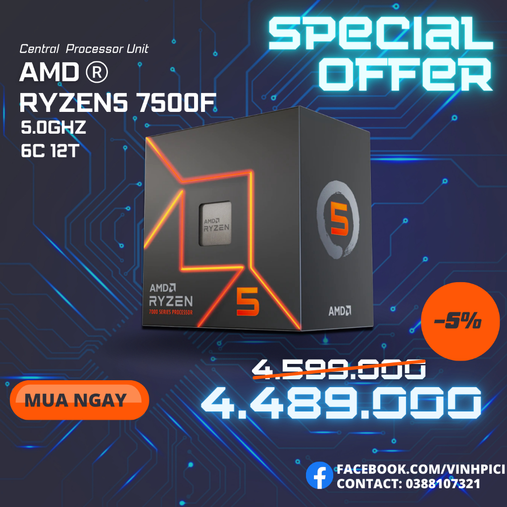 CPU AMD Ryzen 5 7500F ( 3.7GHz Boost 5.0GHz / 6 nhân 12 luồng / 32MB / AM5) [NEW]