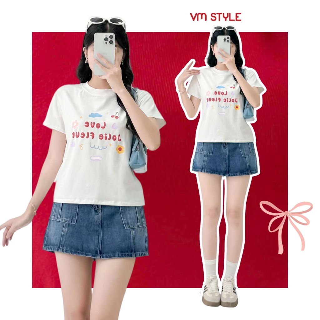 Áo thun babytee nữ VMSTYLE tay ngắn cổ tròn in chữ JOLIE FLEUR và họa tiết dễ thương đi học, đi chơi 37246 - ATU00638