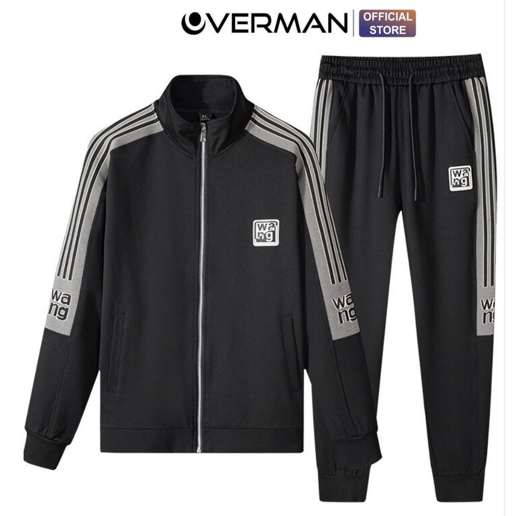Set Bộ Quần Áo Nam Thu Đông Thể Thao thêu nổi WANG màu đen Nỉ dày dặn cao cấp BN09 - OVERMAN