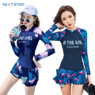Đồ bơi nữ tay dài chống nắng quần phối vải lưới 2 lớp phù hợp thể thao bơi lội cân nặng đến 65kg