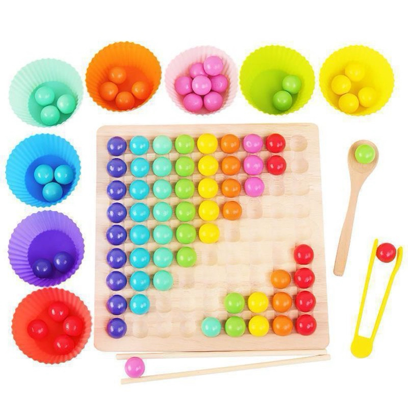 Bộ Gắp hạt Gỗ 3 trong 1, kèm Bát đẹp, Câu và Lật hình trí nhớ montessori|HD96