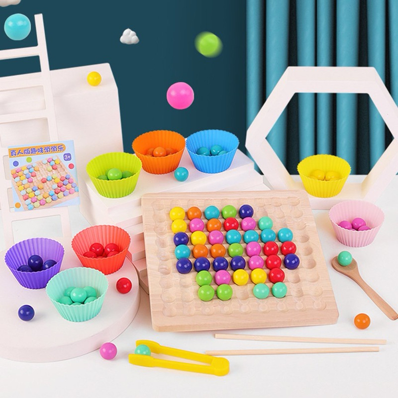 Bộ Gắp hạt Gỗ 3 trong 1, kèm Bát đẹp, Câu và Lật hình trí nhớ montessori|HD96