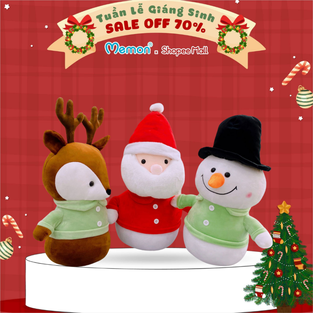 Gấu Bông Bộ Ba Người Tuyết, Tuần Lộc, Ông Già Noel Giáng Sinh Cao Cấp Memon