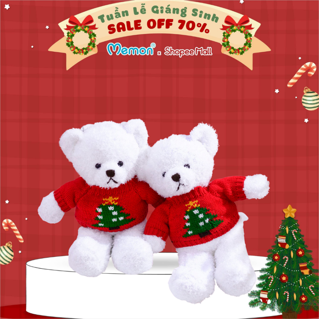 Gấu Bông Teddy Head Tales Trắng Áo Đỏ Giáng Sinh Noel Cao Cấp Memon