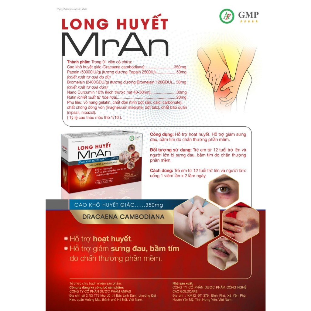 Long Huyết MrAn 30 Viên, Hỗ Trợ Hoạt Huyết, Giảm Sưng Đau, Bầm Tím Do Chấn Thương Phần Mềm - Anfas